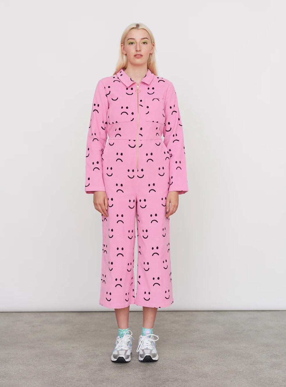 NWT Lazy Oaf Pink Happy Sad Smiley Face Cord Corduroy Coverall Jumpsuit Size 4